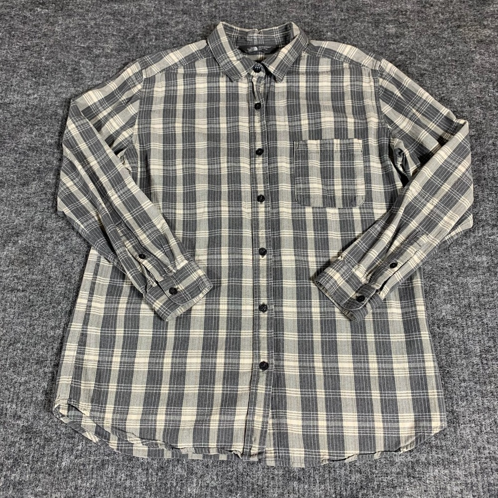 North Face Shirt Womens Medium Gray Plaid Flannel Button Up Long Sleeve Outdoors